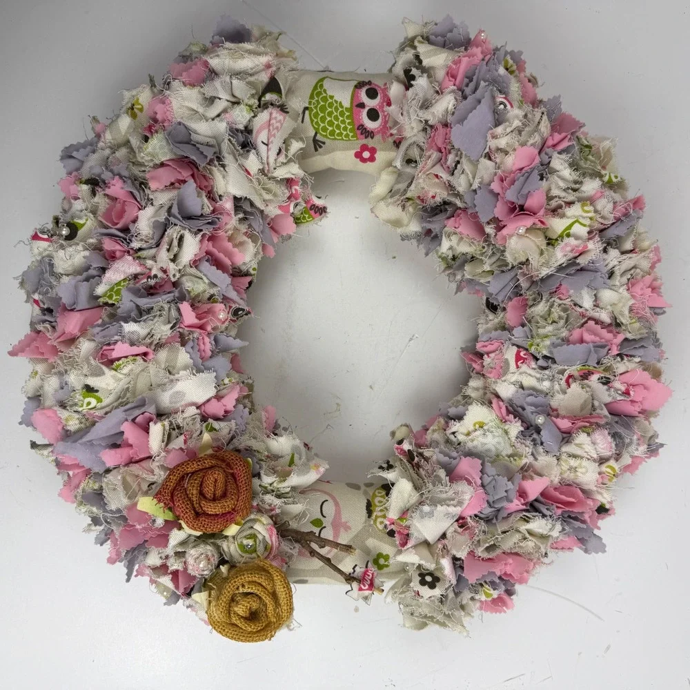 Handmade Shabby Chic Owl Rag Wreath Pink Grey Burlap Roses Nursery Decor 12